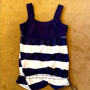 Blue and white striped tank with drawstring bottom